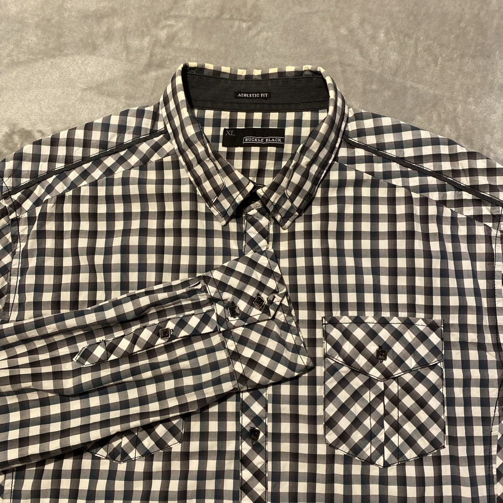Buckle Shirt Mens Sz XL Green Gray Check Athletic Fit Square Button‎ Up Hipster